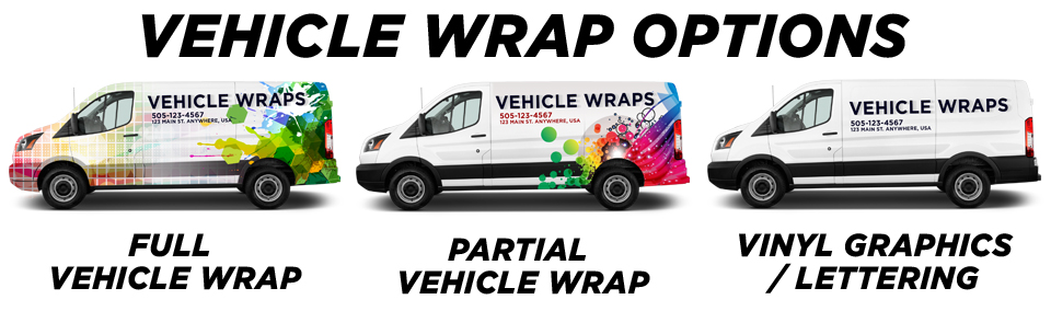 Picture of 3 vehicles with 3 levels of vehicle branding: Vinyl Letters, Partial Wrap and Full Wrap