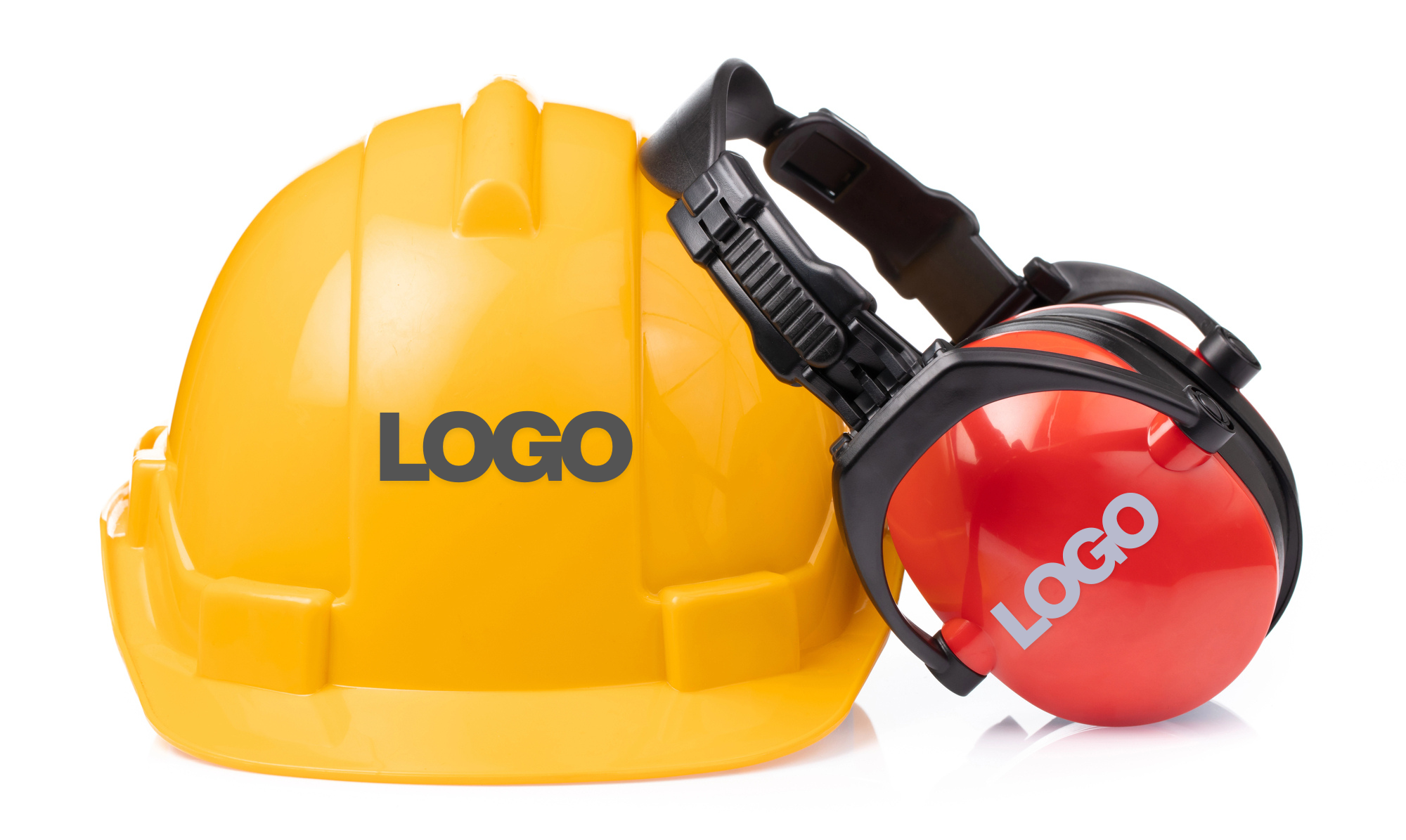 Yellow hard hat and red hearing protection with example logo branding