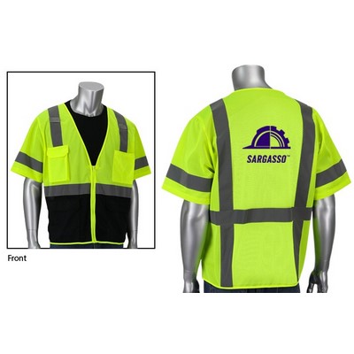 Front and back views of branded high-visibility apparel with reflective stripes
