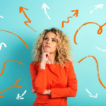 Thoughtful woman standing against a blue background with various white and orange arrows pointing in different directions, symbolizing decision-making or confusion.