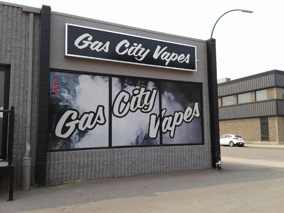 Gas City Vapes window graphics for store front