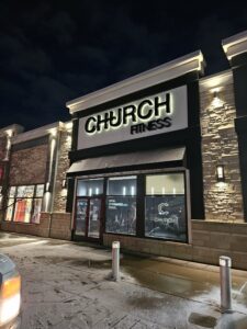 Halo-lit channel letters Church fitness Calgary