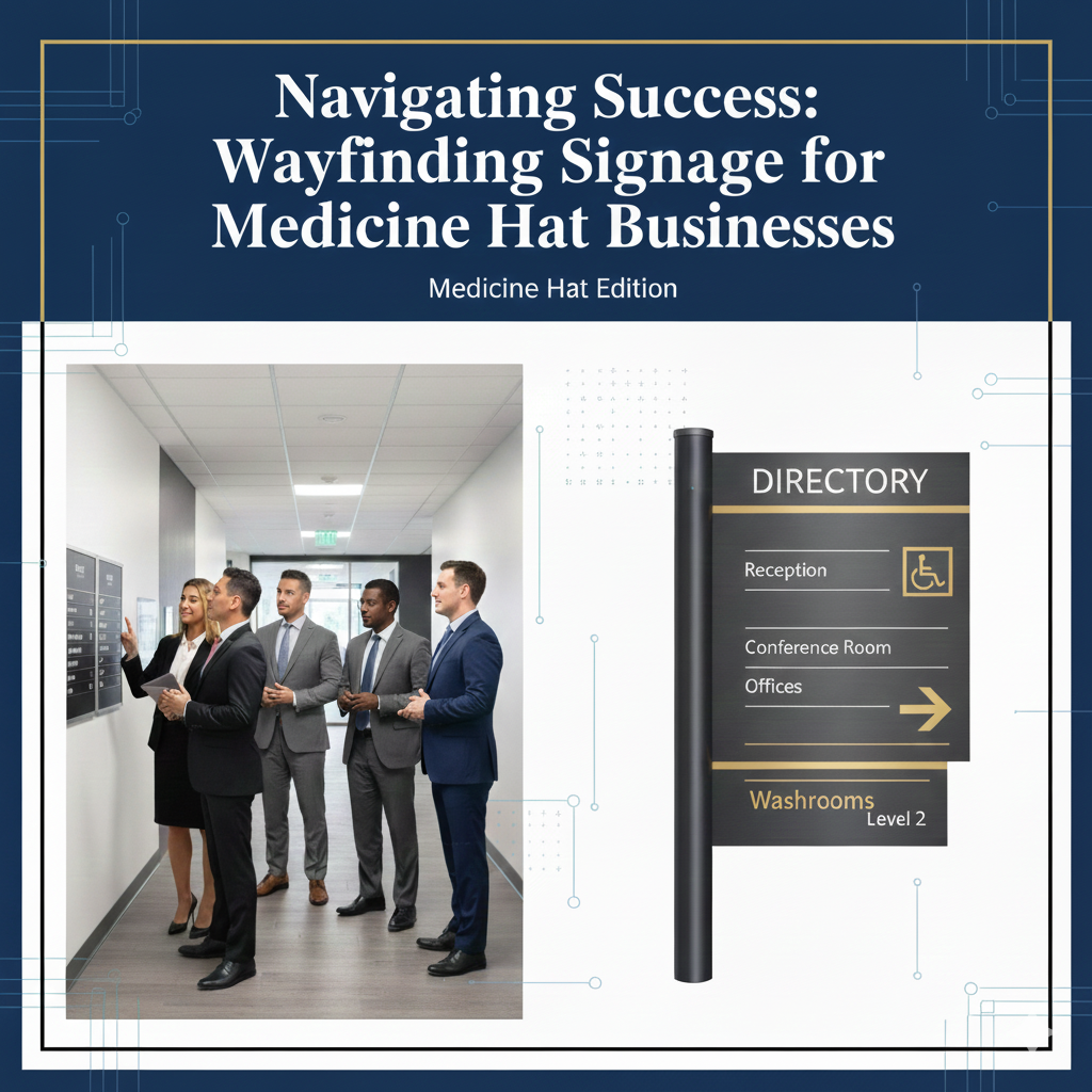 Professional wayfinding signage in Medicine Hat office building with directional arrows and building directory, ensuring ADA compliant accessible navigation.