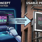 Workflow graphic illustrating how to convert a raw AI digital concept into a usable, physical print file for signage