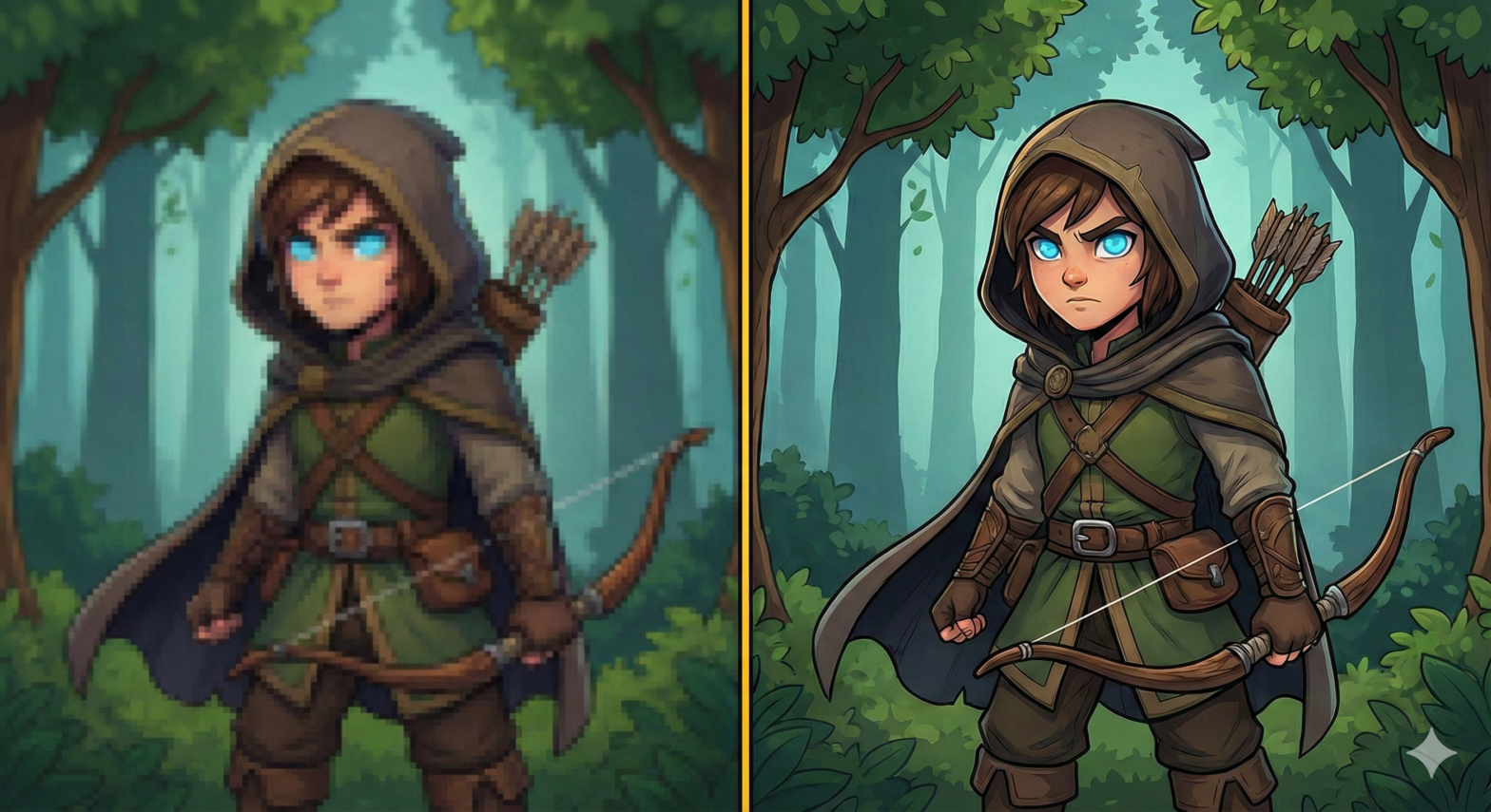 "Visual example of raster vs. vector graphics: A pixelated raster character compared to a crisp, scalable vector illustration.