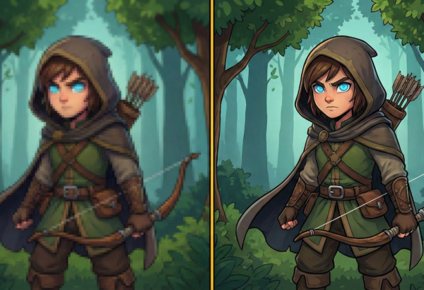 "Visual example of raster vs. vector graphics: A pixelated raster character compared to a crisp, scalable vector illustration.