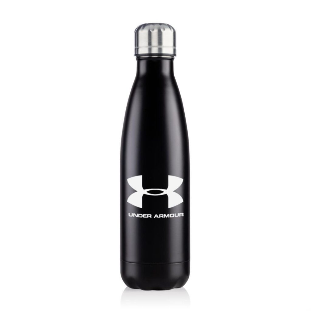 Sleek matte black insulated water bottle with a laser-engraved logo sitting on a gym bench