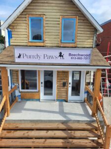 Purrdy Paws Beechwood storefront sign mounted above the entrance in Ottawa
