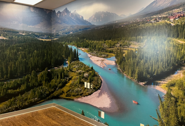 A blue river mural designed for the Government of Alberta