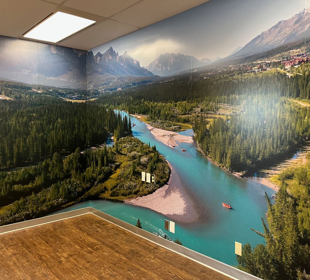 A blue river mural designed for the Government of Alberta